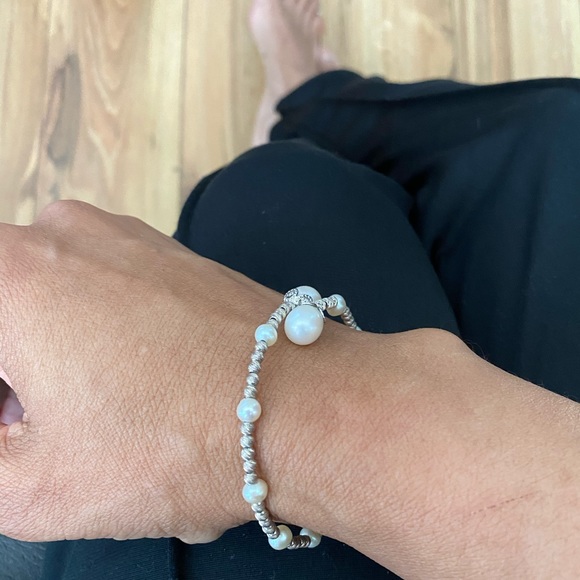 Sterling Silver Pearl Sparkle Bead Cuff Bracelet - Picture 5 of 5